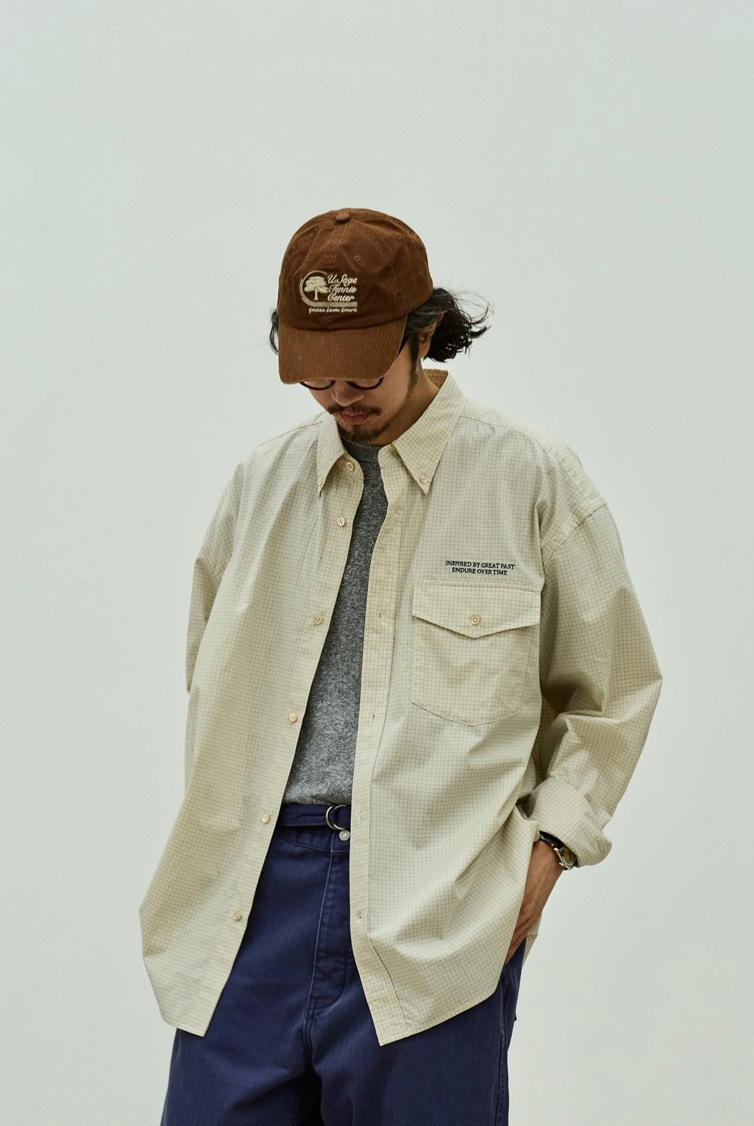 USAGE Oversized Micro Check Button Down Shirt in Cream - On Male Model
