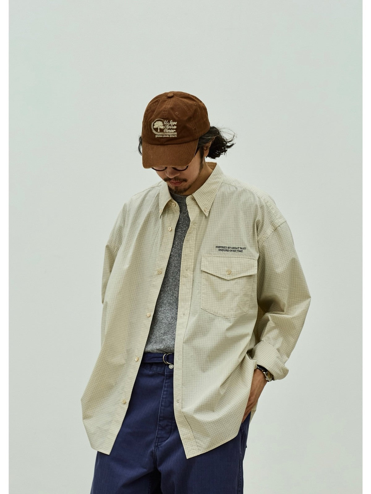 USAGE Oversized Micro Check Button Down Shirt in Cream - On Male Model