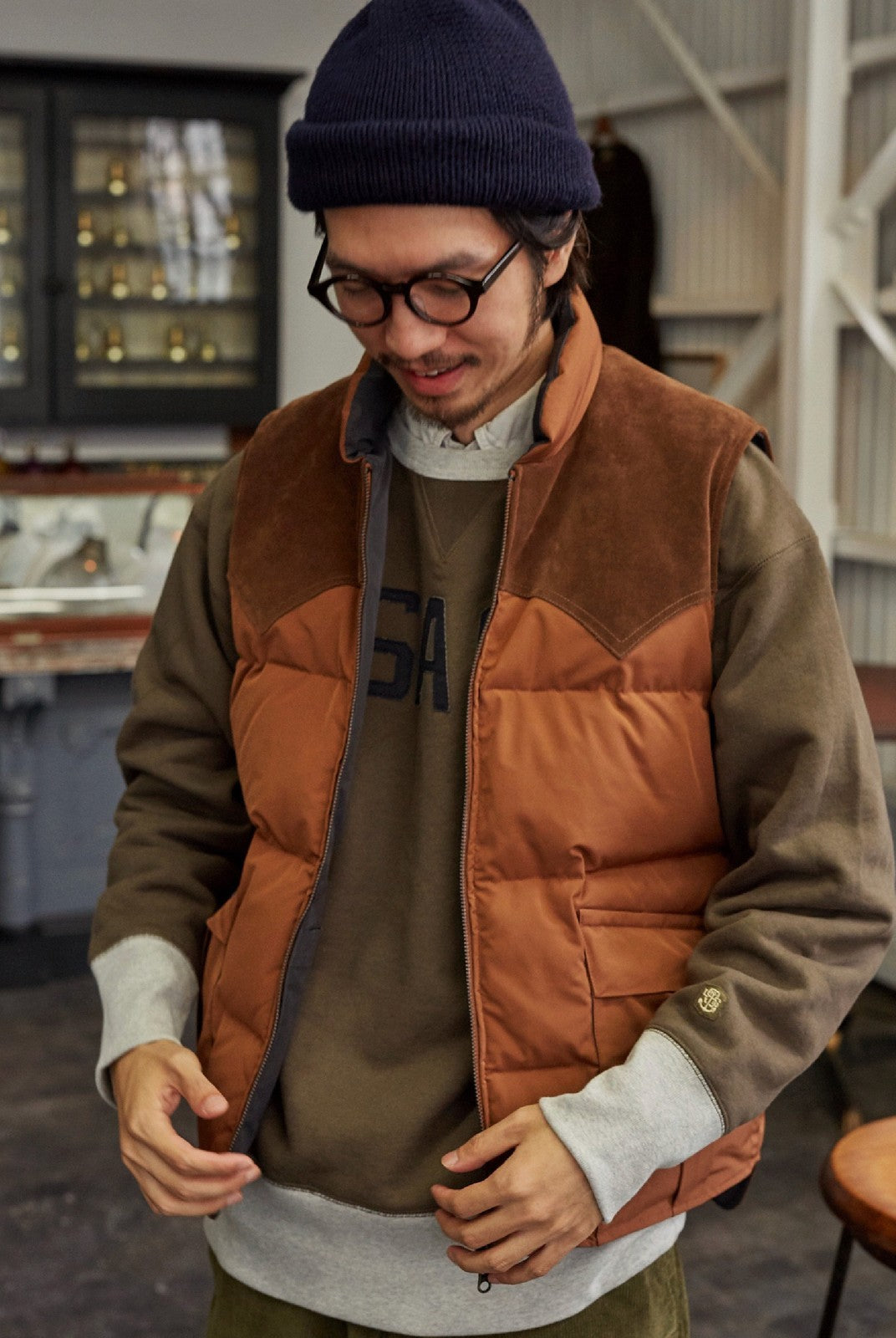 USAGE Graphic Two Tone Cotton Sweatshirt in Brown - On Male Model