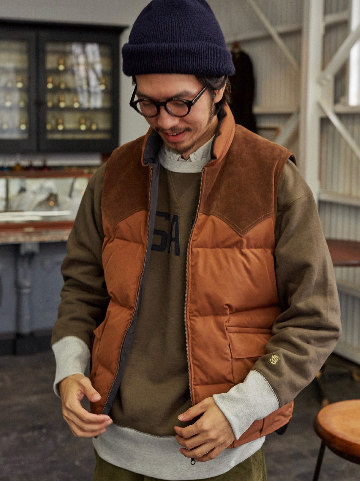 USAGE Graphic Two Tone Cotton Sweatshirt in Brown - On Male Model