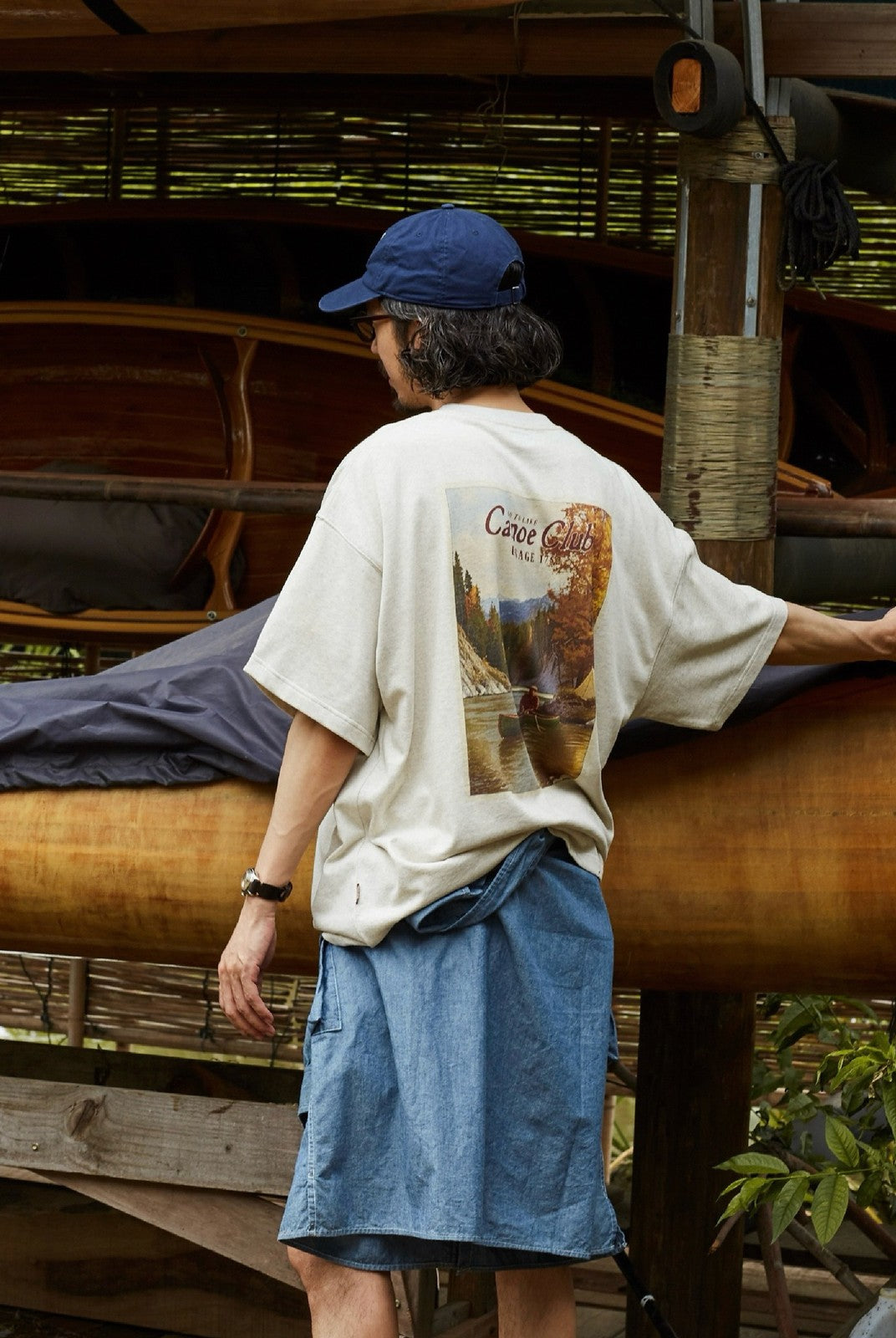 USAGE Canoe Club Graphic Cotton T Shirt in Beige - On Model