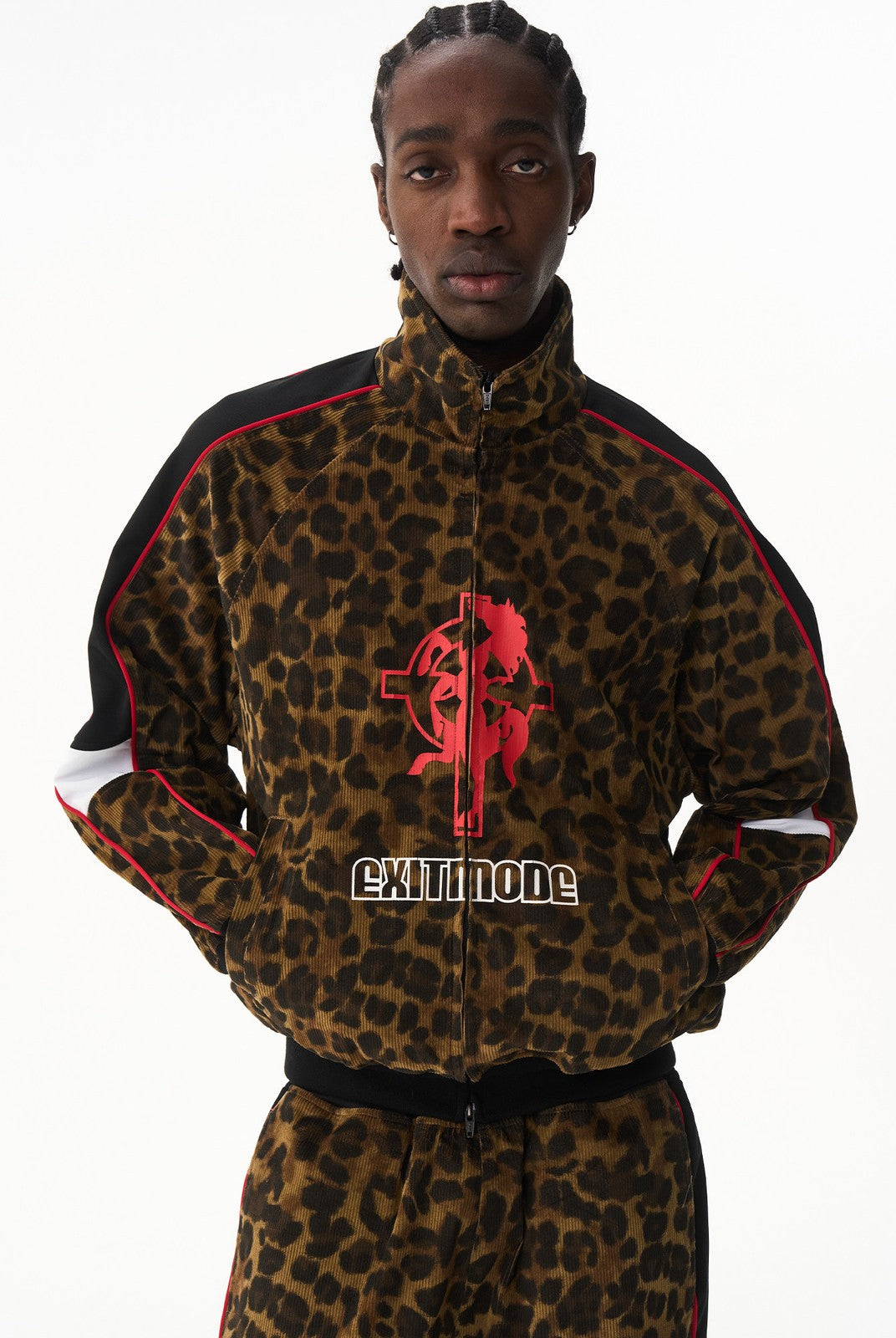 BLINDNOPLAN Leopard Print Zip Up Jacket in Brown - On Male Model