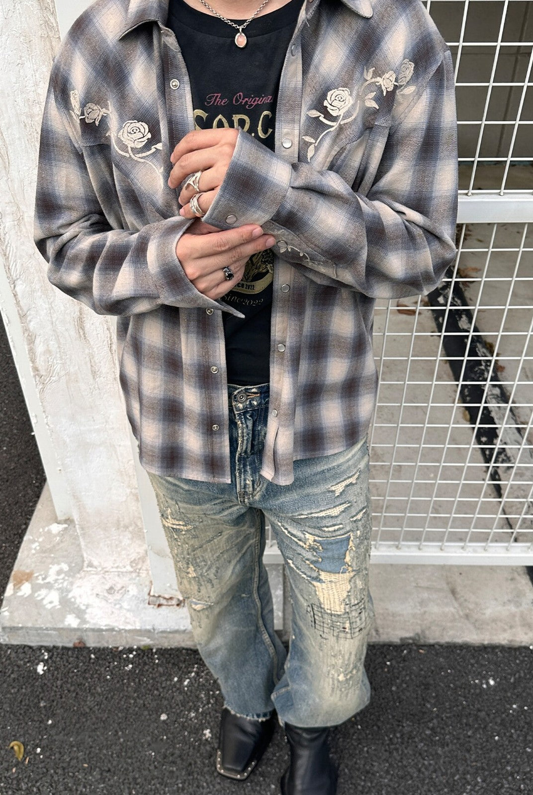 SOD Embroidered Plaid Western Shirt in Gray - On Model
