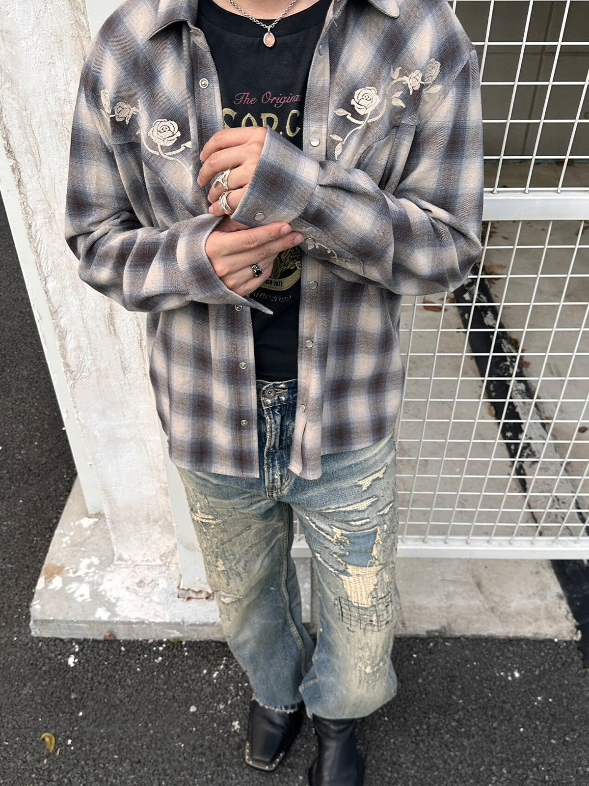 SOD Embroidered Plaid Western Shirt in Gray - On Model