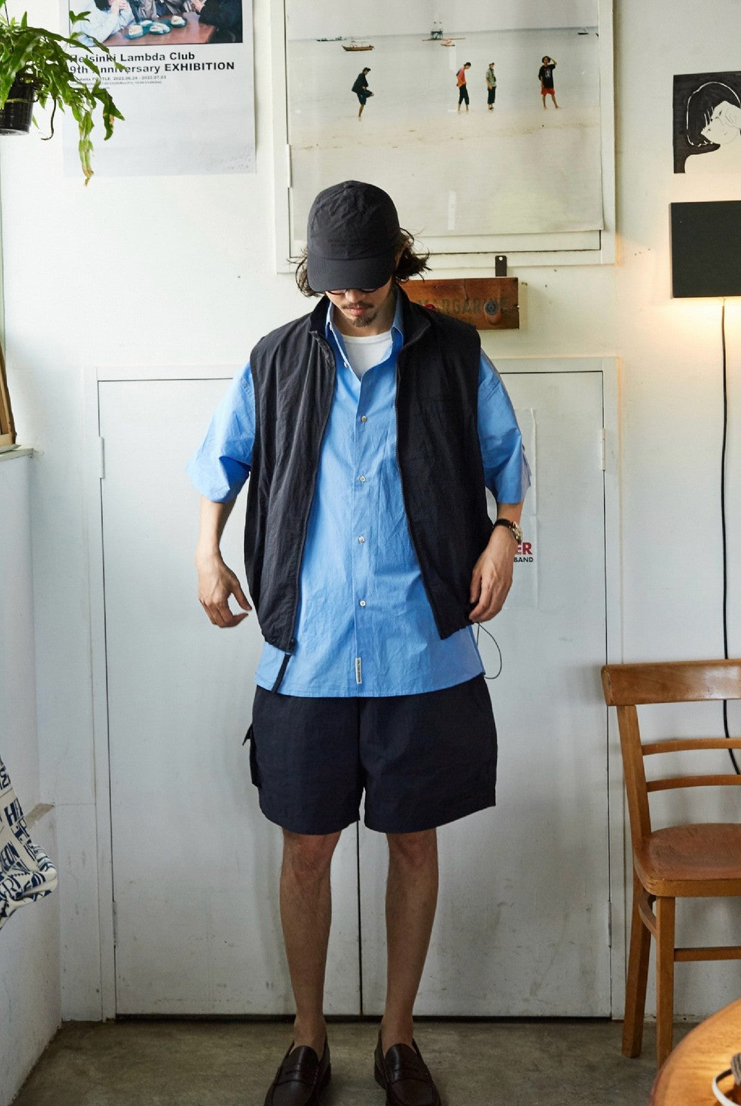 USAGE Cotton Crinkle Short Sleeve Shirt in Blue - On Male Model