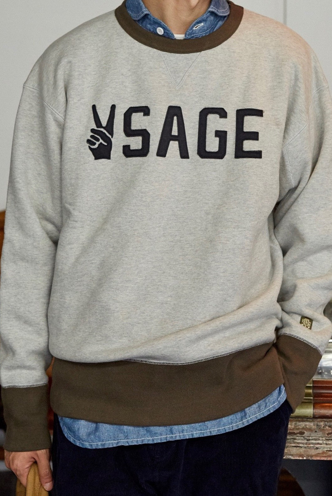 USAGE Graphic Two Tone Cotton Sweatshirt in Gray - On Male Model