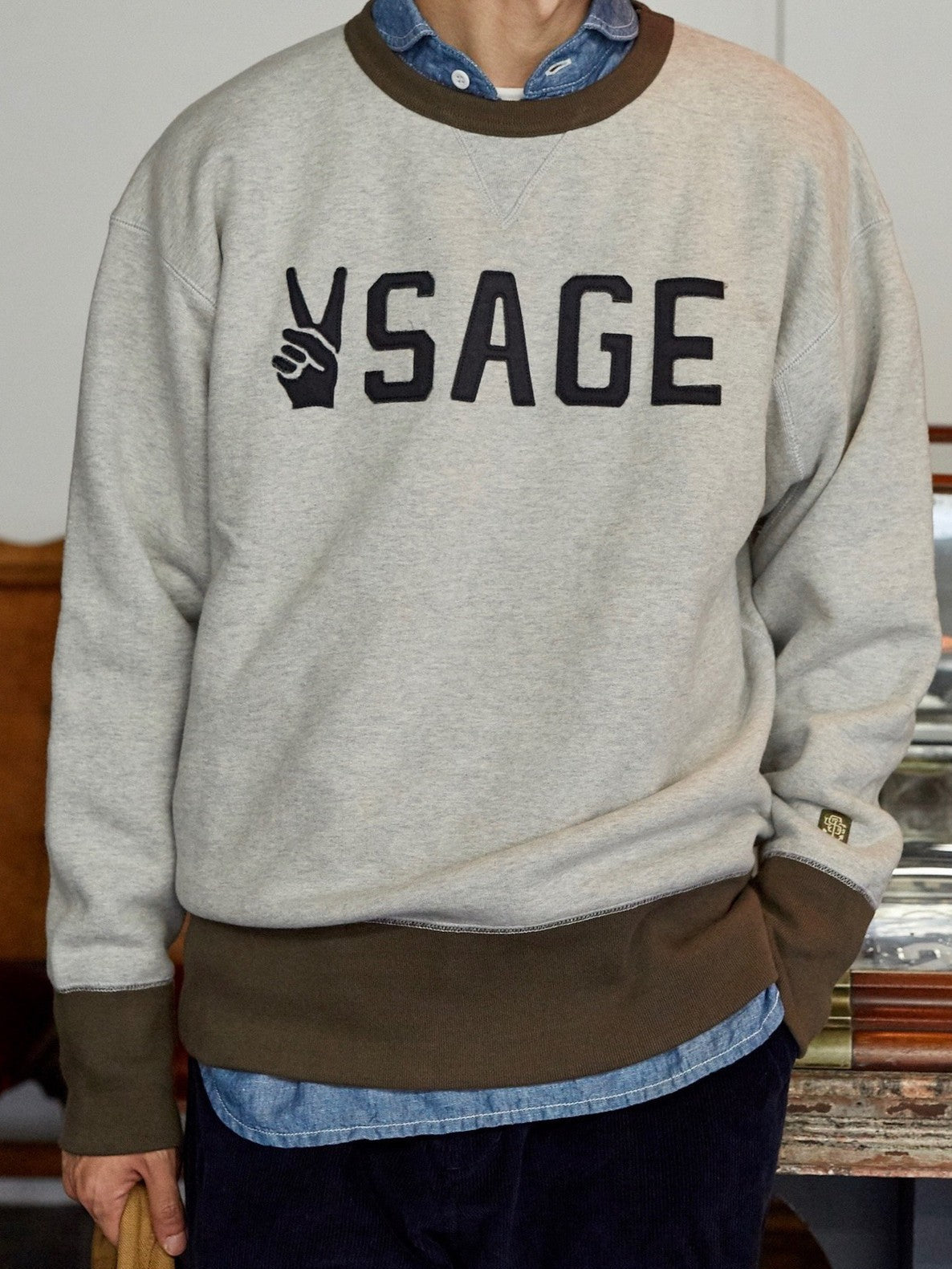 USAGE Graphic Two Tone Cotton Sweatshirt in Gray - On Male Model
