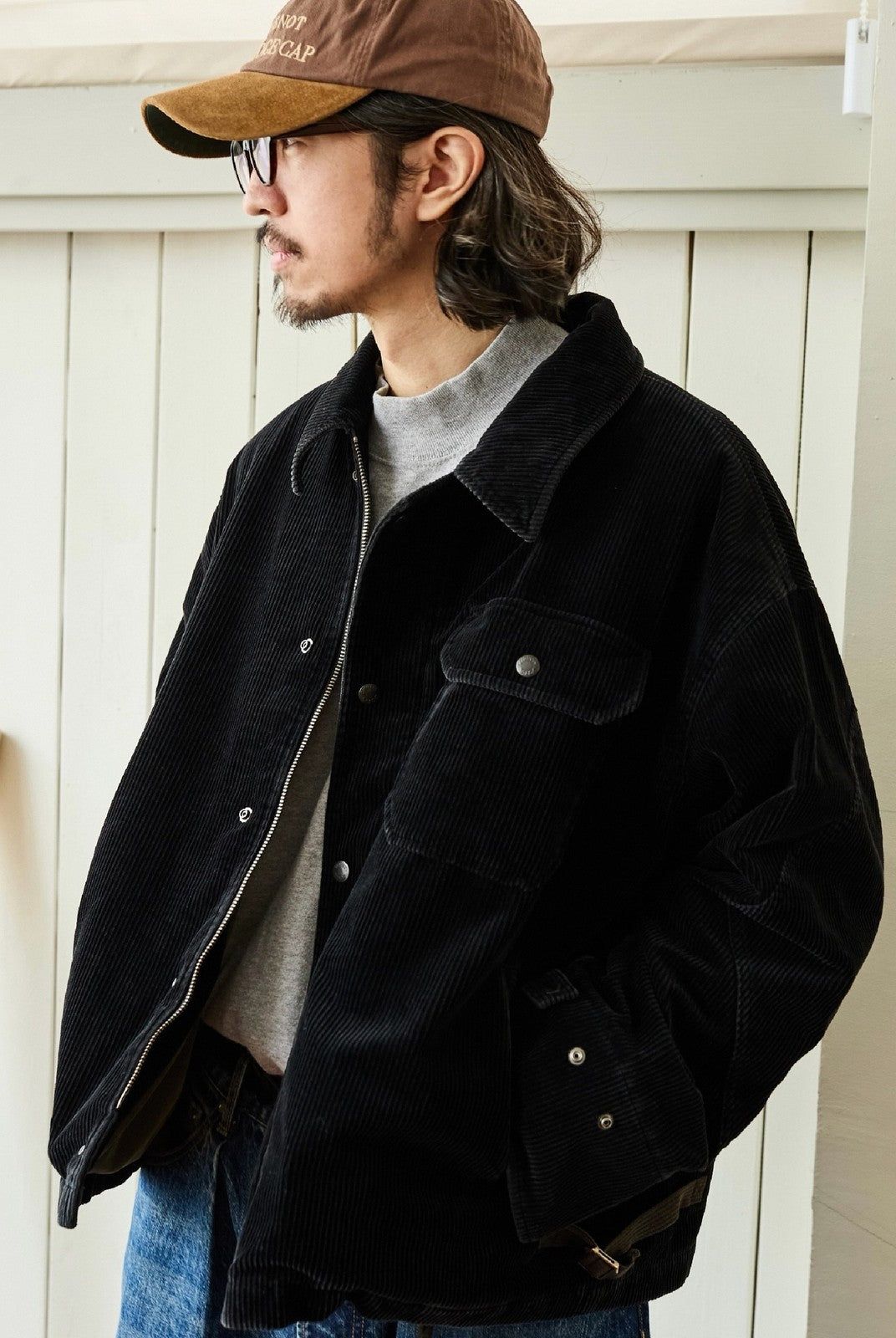 USAGE Wide Wale Corduroy Deck Jacket in Black - On Male Model