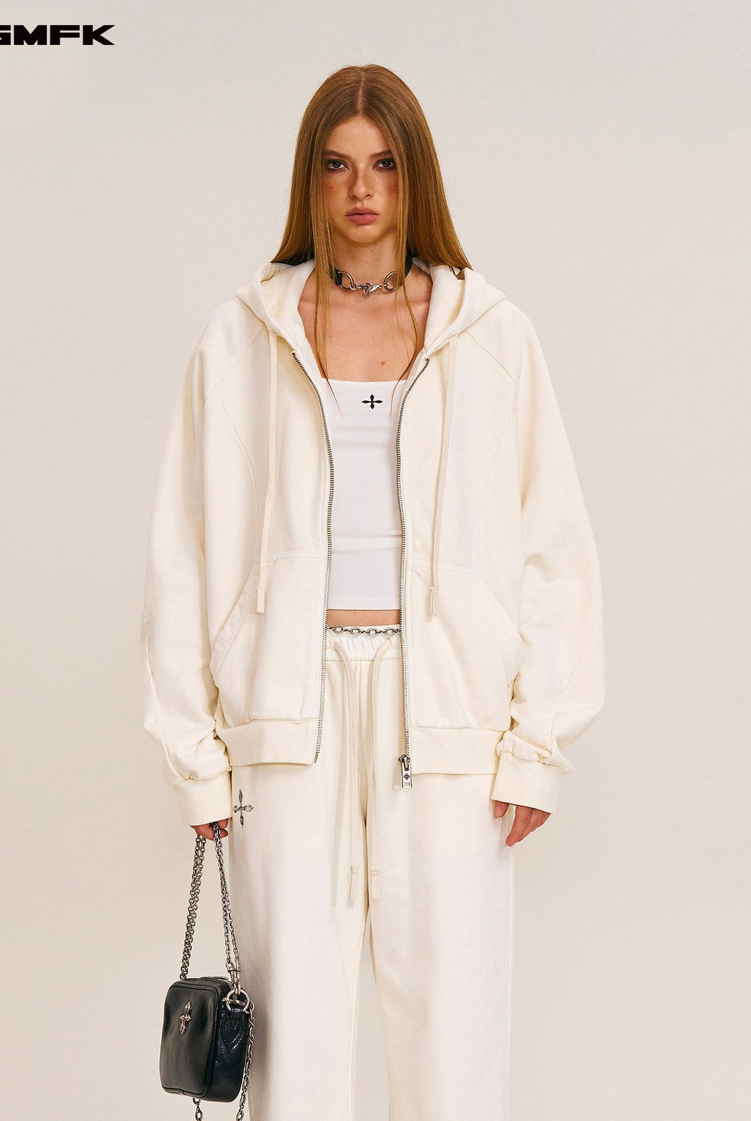SMFK Distressed Washed Cotton Zip Up Hoodie in White - On Female Model
