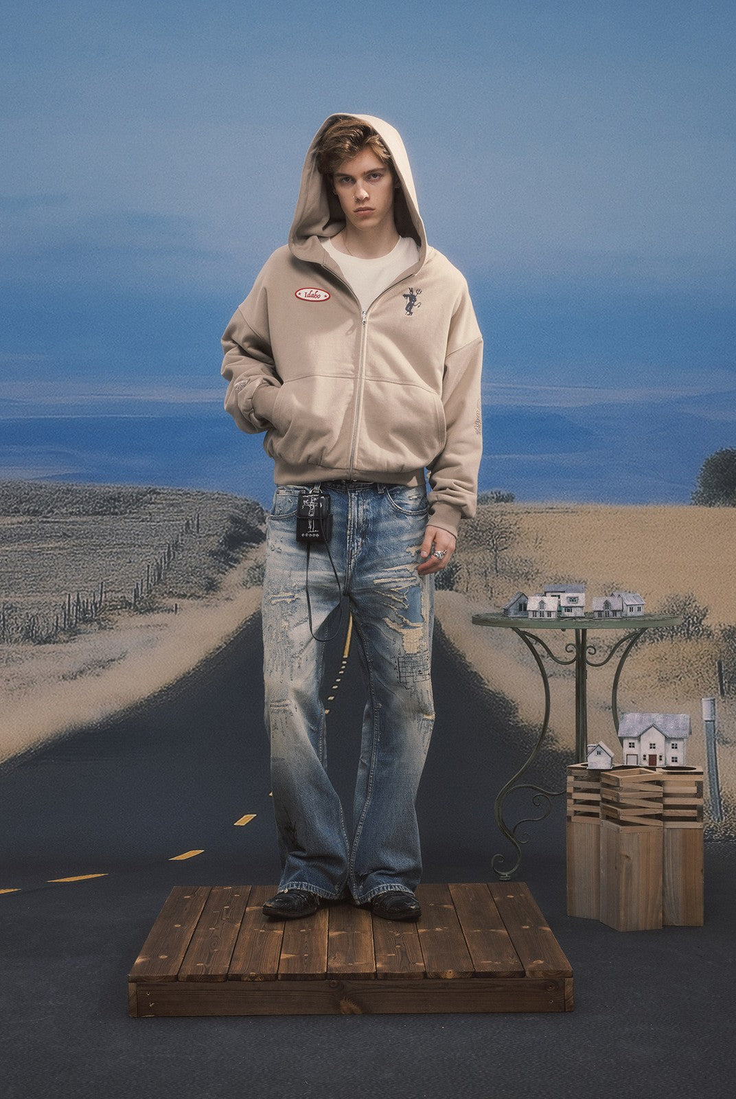 SOD Distressed Graffiti Embroidered Jeans in Blue - On Male Model