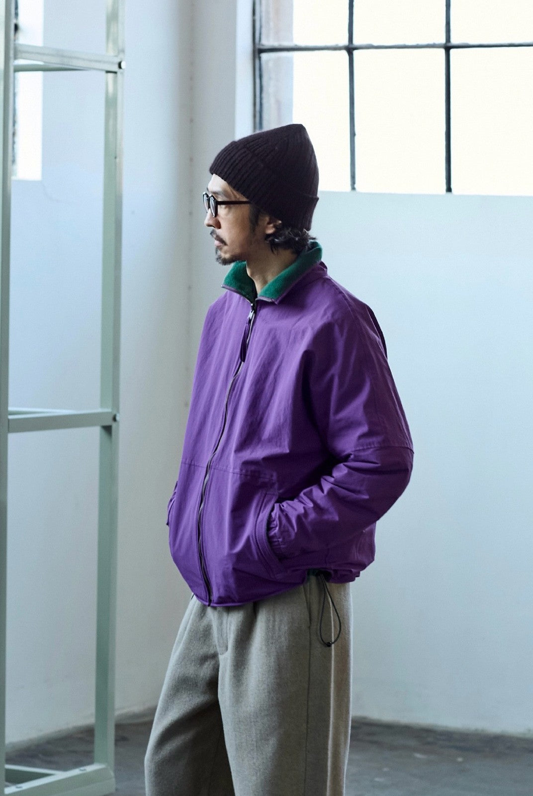 USAGE Reversible Nylon Fleece Track Jacket in Purple - On Male Model