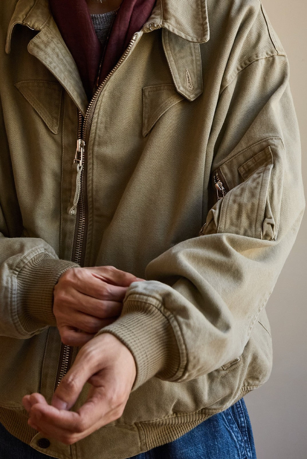 USAGE Washed Cotton Lyocell B 15 Bomber in Khaki - On Male Model