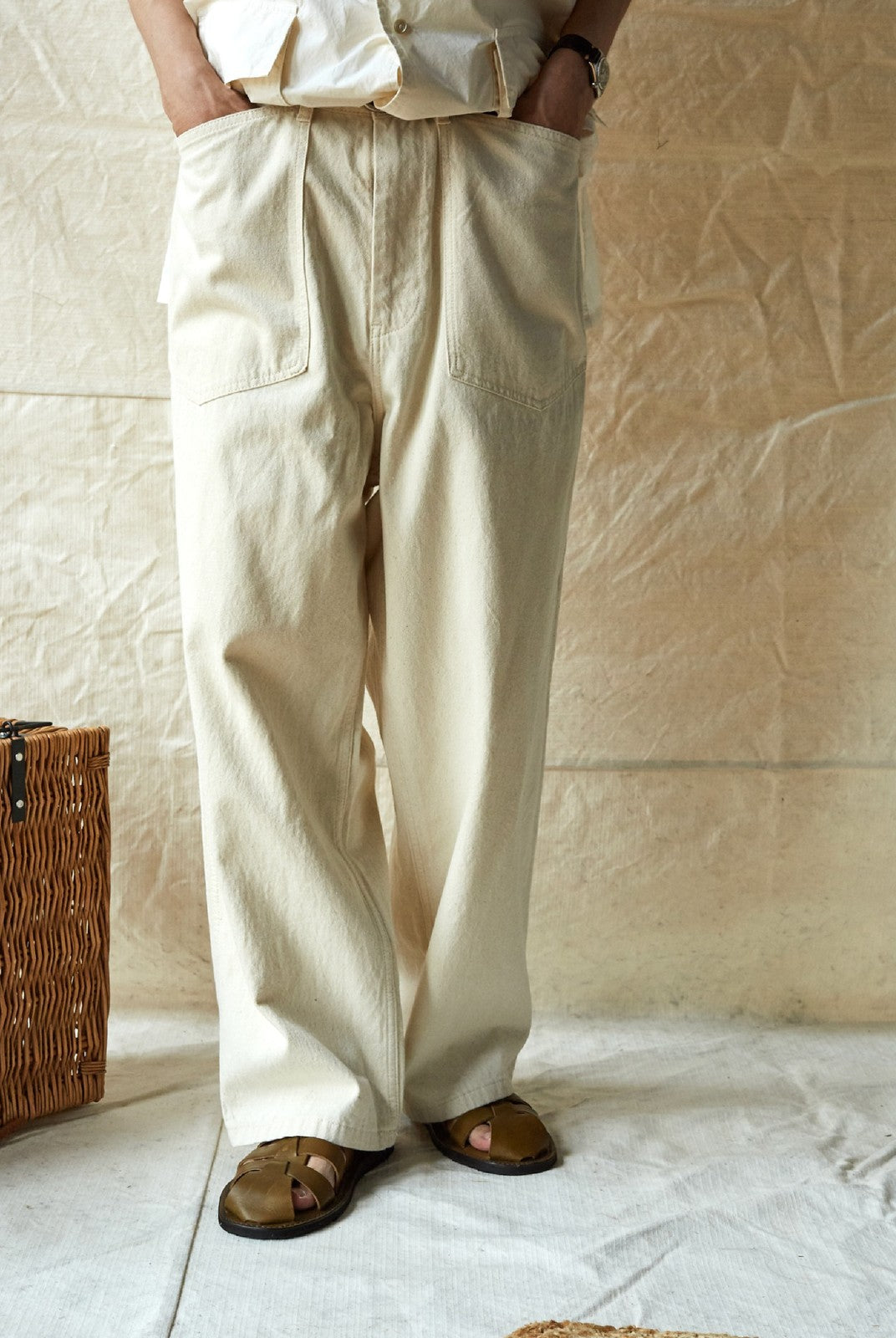 USAGE Vintage Neppy Cotton Straight Leg Jeans in Cream - On Male Model
