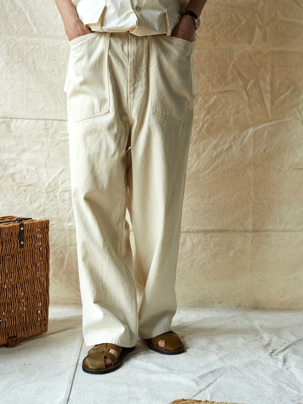 USAGE Vintage Neppy Cotton Straight Leg Jeans in Cream - On Male Model