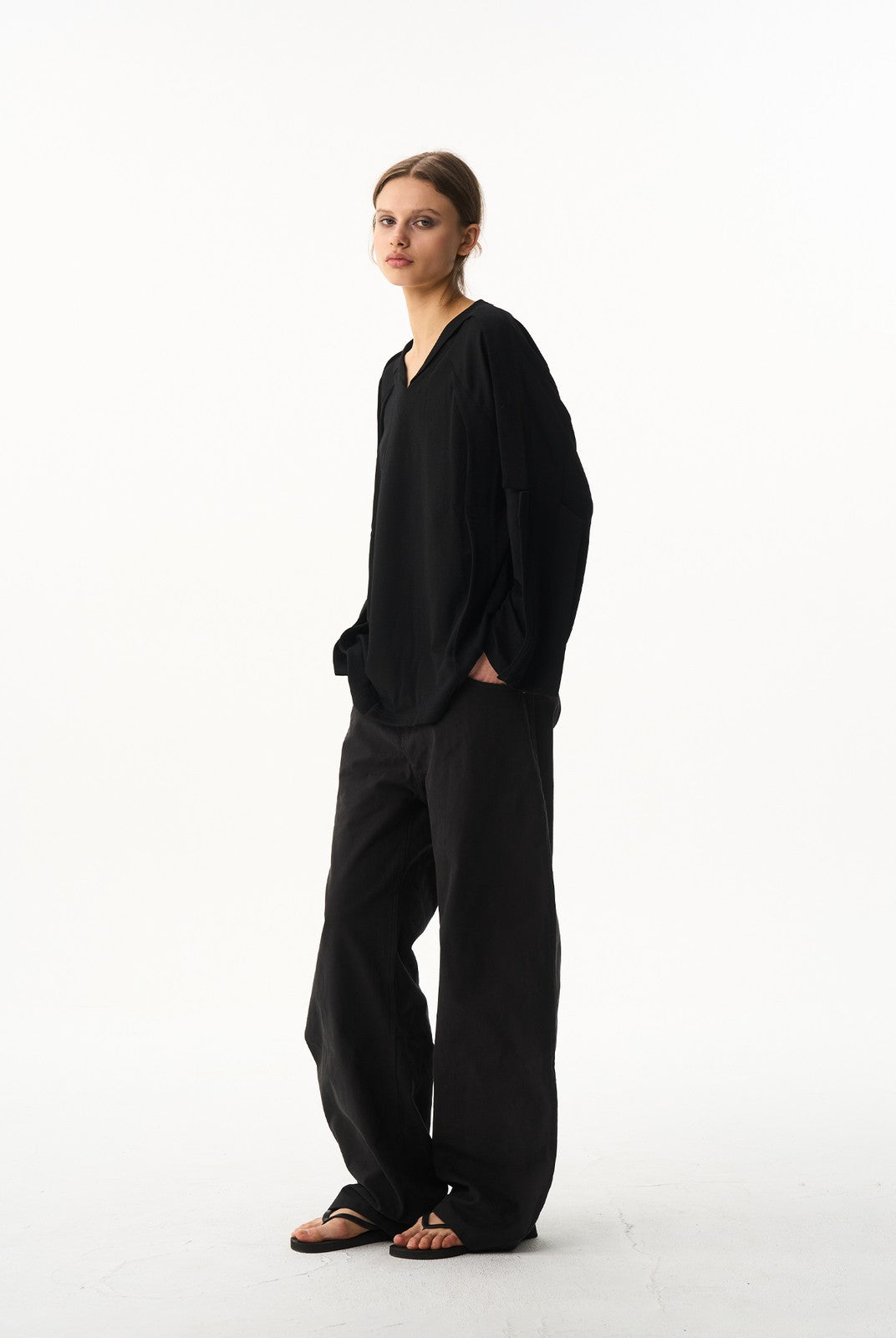 BLINDNOPLAN Leather Spliced Straight Leg Pants in Black - On Female Model