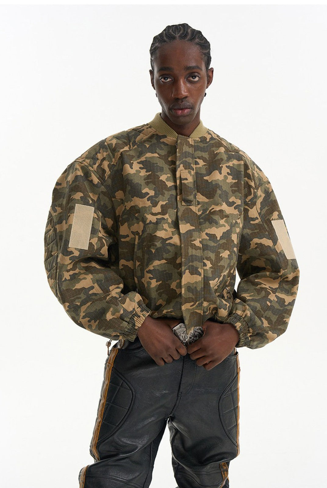 BLINDNOPLAN Heavyweight Cotton Camouflage Bomber in Beige - On Male Model