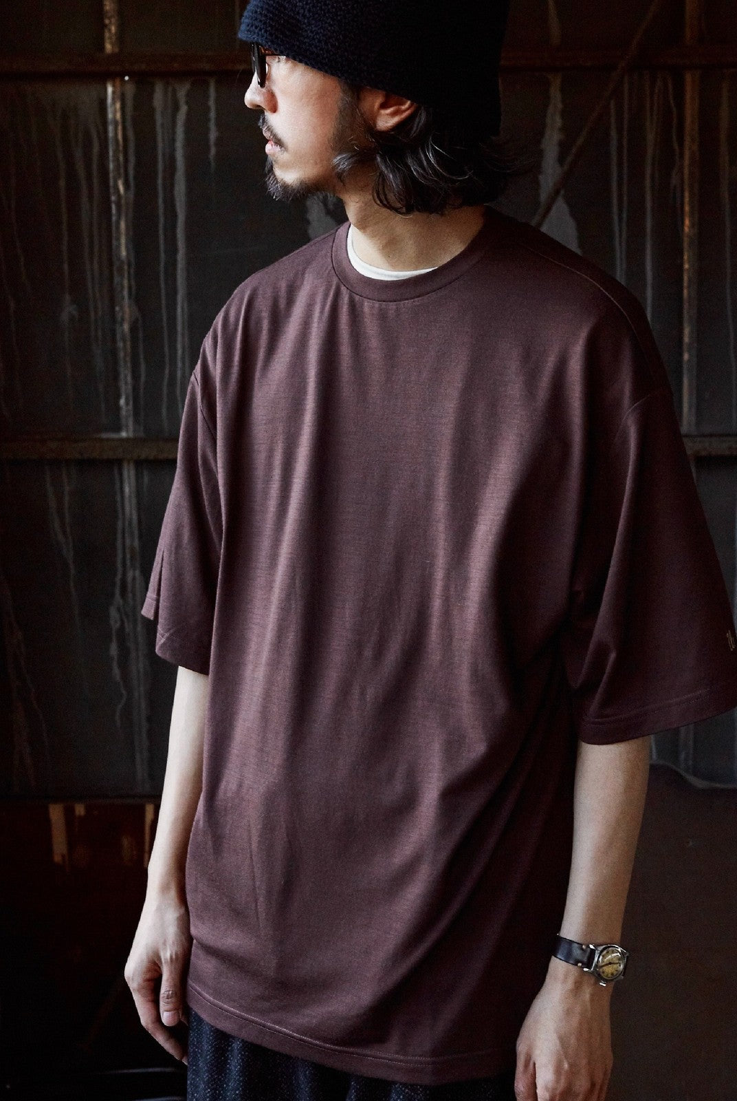 USAGE Merino Wool Blend T Shirt Set in Brown - On Male Model