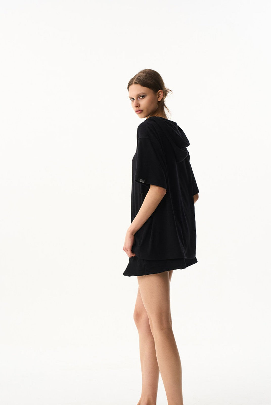 BLINDNOPLAN Hooded Short Sleeve Polo in Black - On Female Model