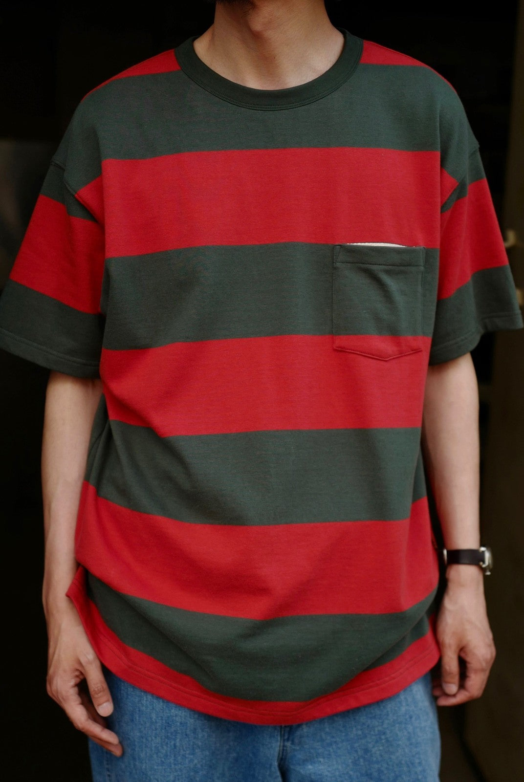USAGE Wide Striped Cotton Pocket T Shirt in Green - On Male Model
