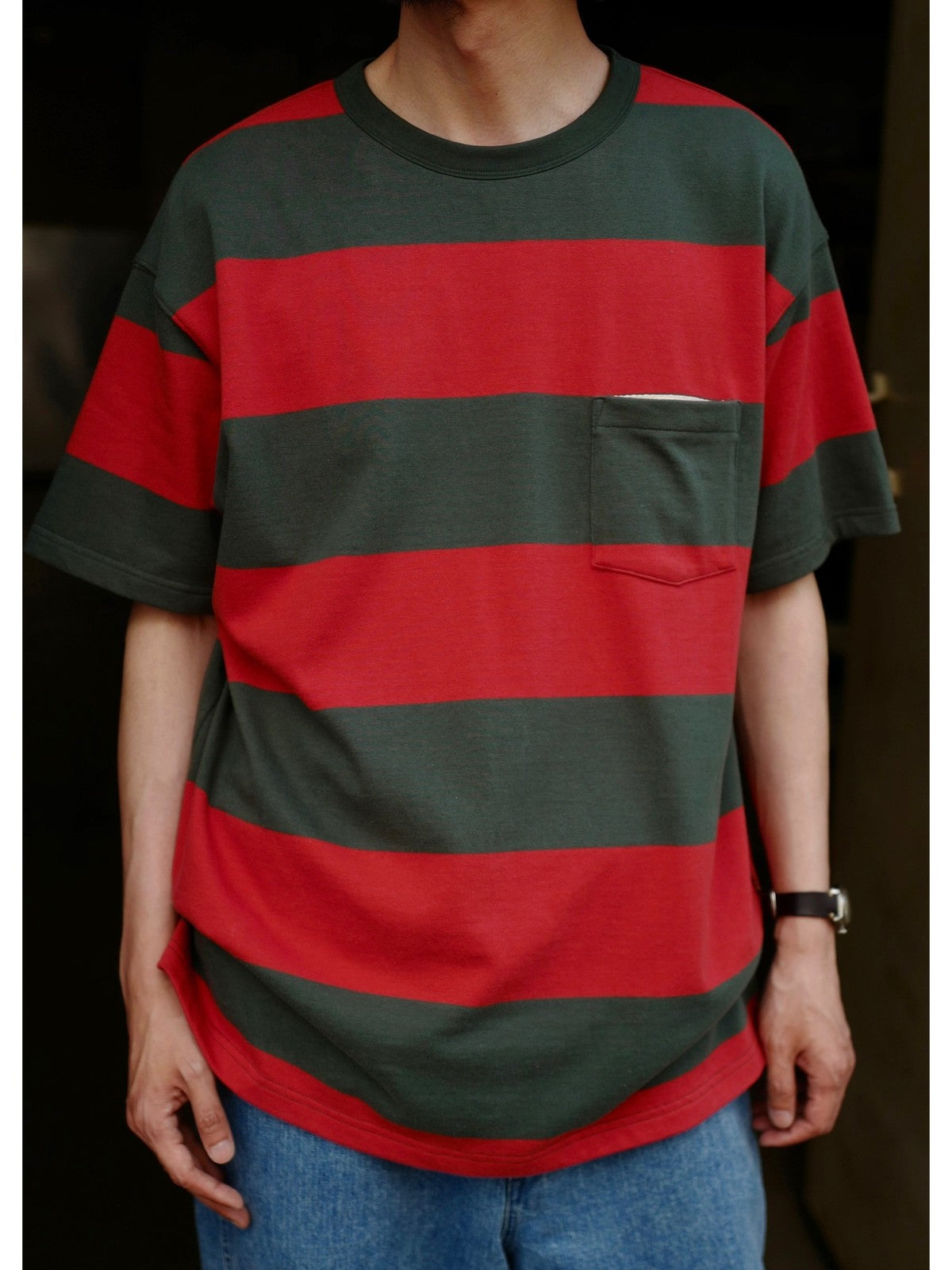 USAGE Wide Striped Cotton Pocket T Shirt in Green - On Male Model