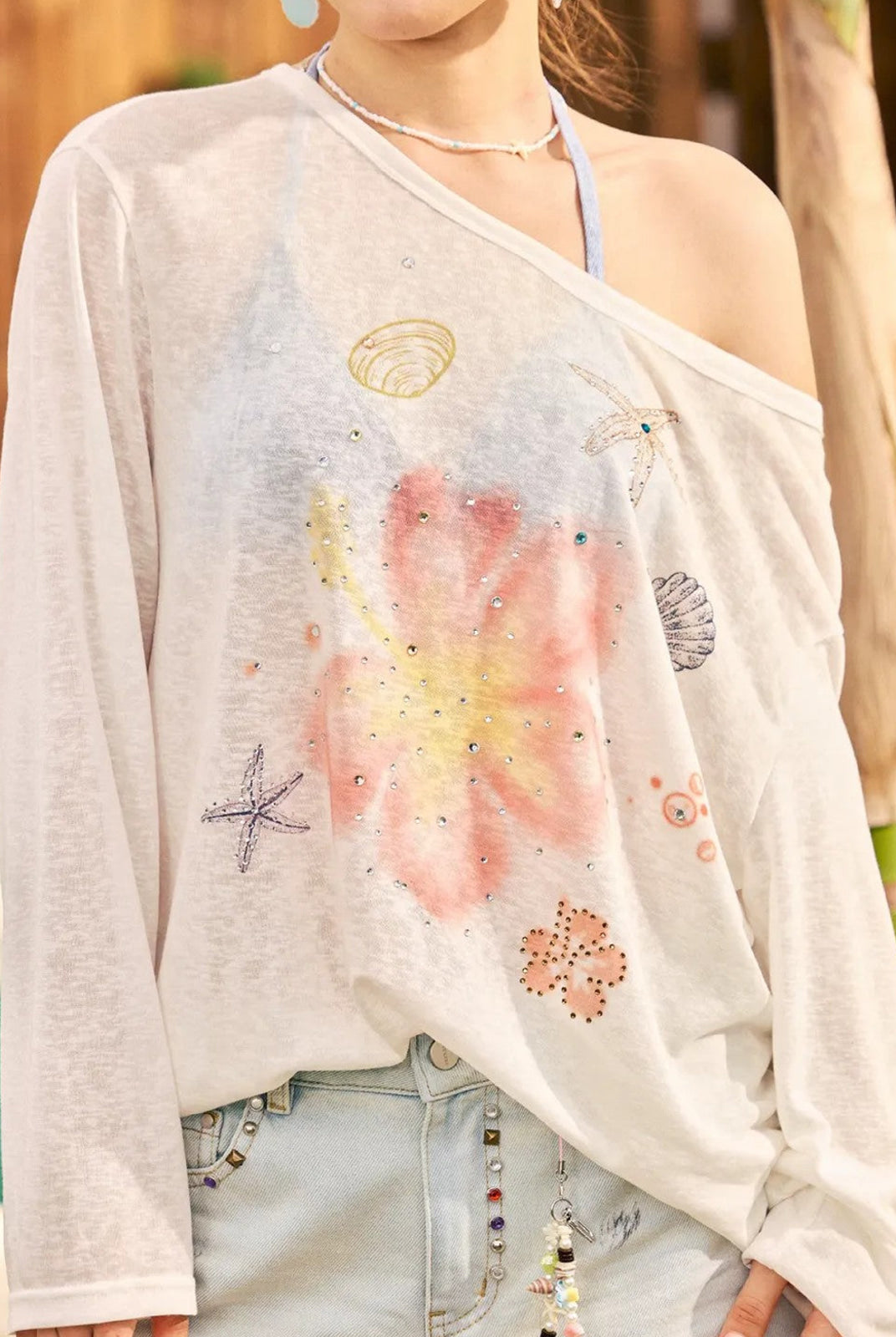 BeerBro Rhinestone Floral Sheer Top in White - On Female Model