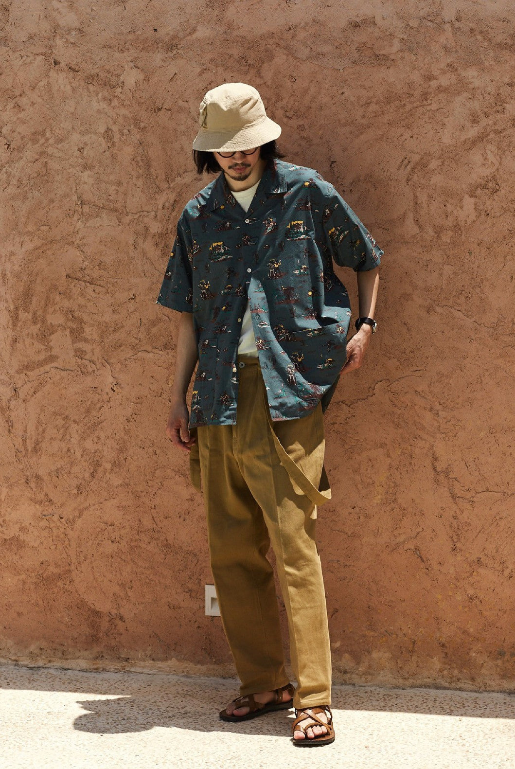 USAGE Cowboy Print Cotton Hawaiian Shirt in Teal - On Male Model