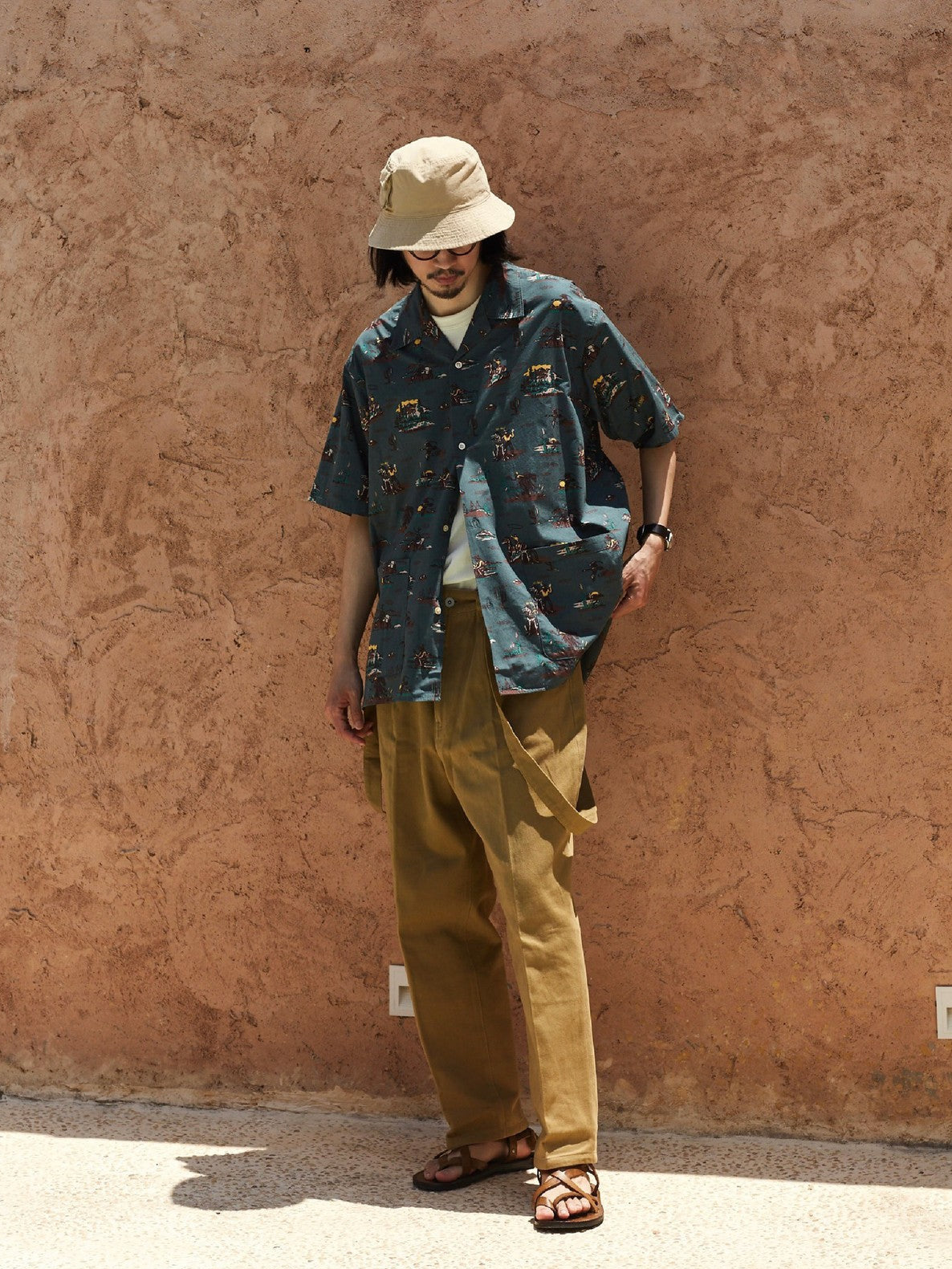 USAGE Cowboy Print Cotton Hawaiian Shirt in Teal - On Male Model