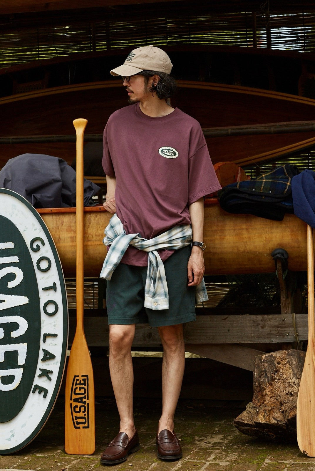 USAGE Canoe Club Graphic Cotton T Shirt in Burgundy - On Male Model