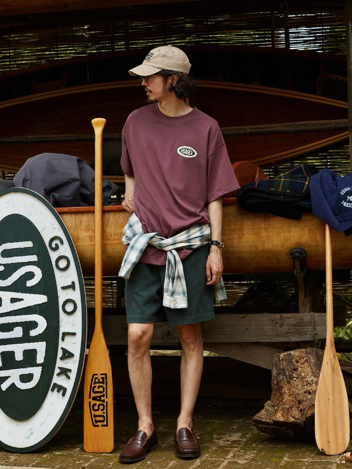 USAGE Canoe Club Graphic Cotton T Shirt in Burgundy - On Male Model