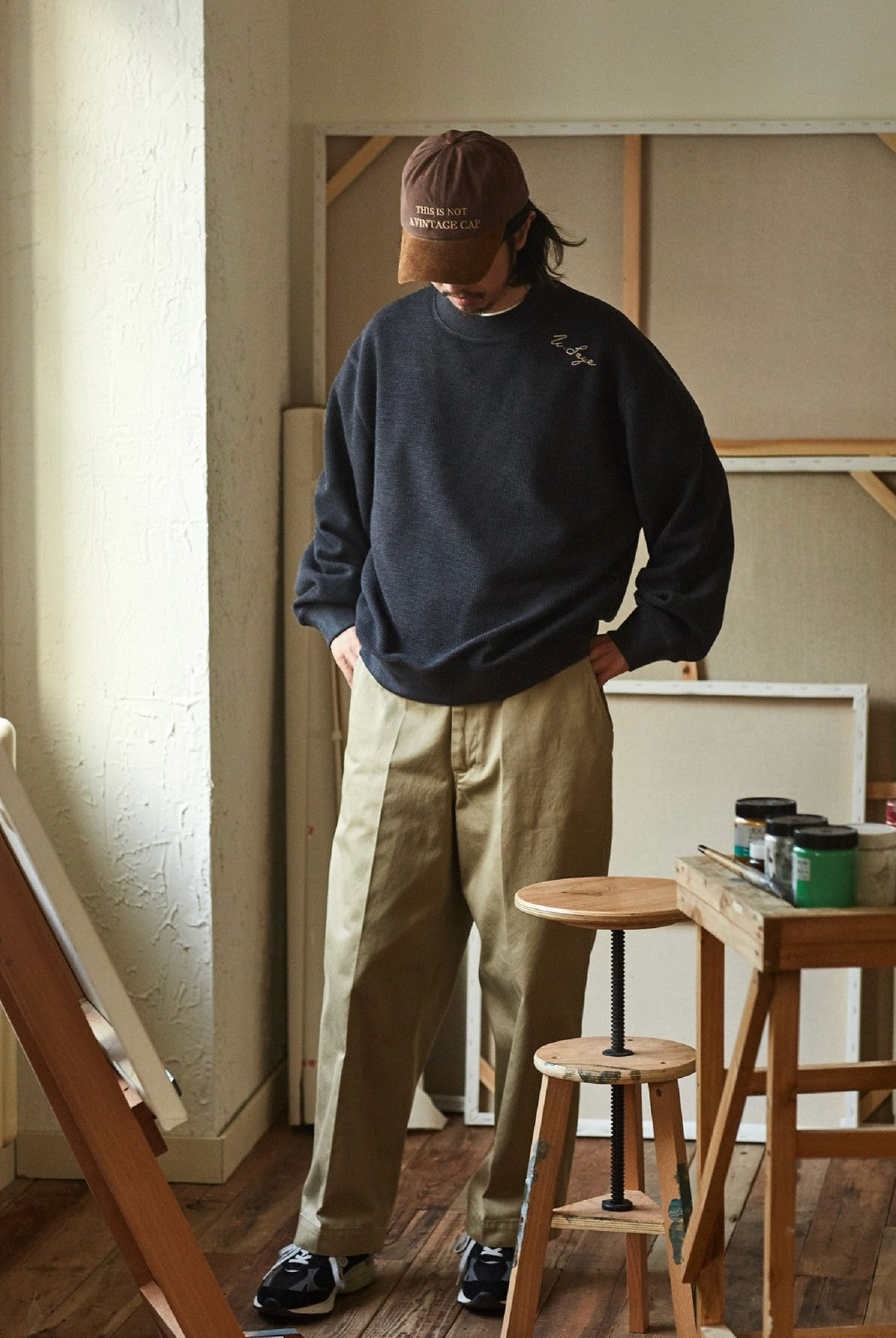 USAGE Heavyweight Cotton Twill Chinos in Khaki - On Male Model
