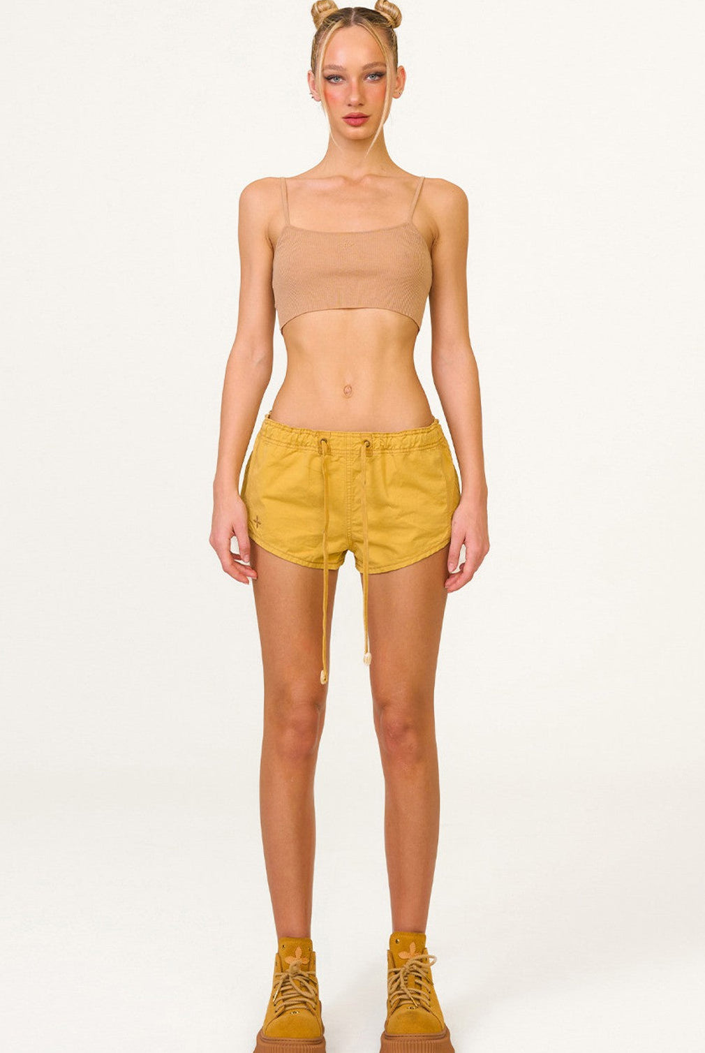 SMFK Low Rise Drawstring Cotton Shorts in Wheat - On Female Model