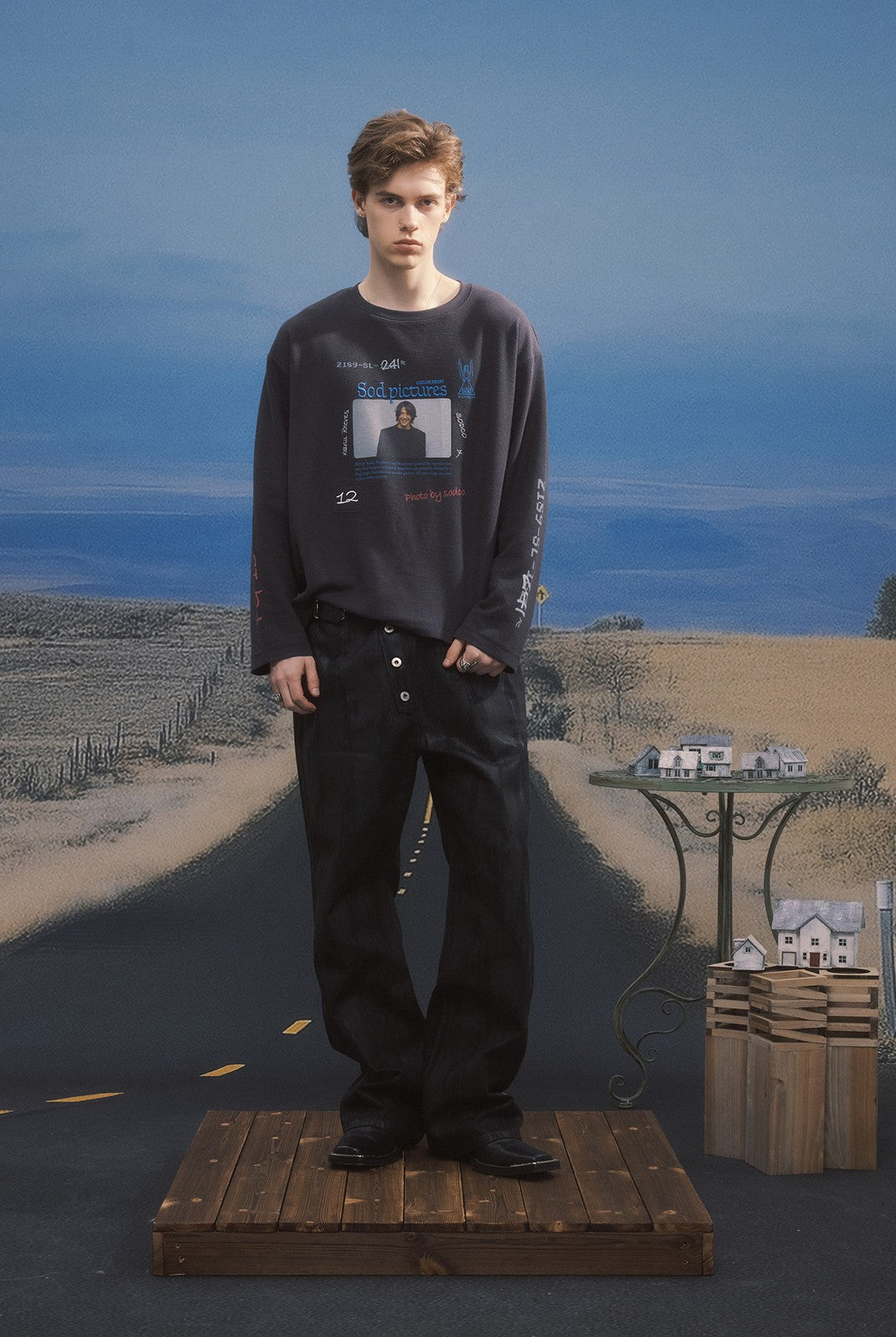SOD Keanu Graphic Waffle Knit Top in Gray - On Male Model