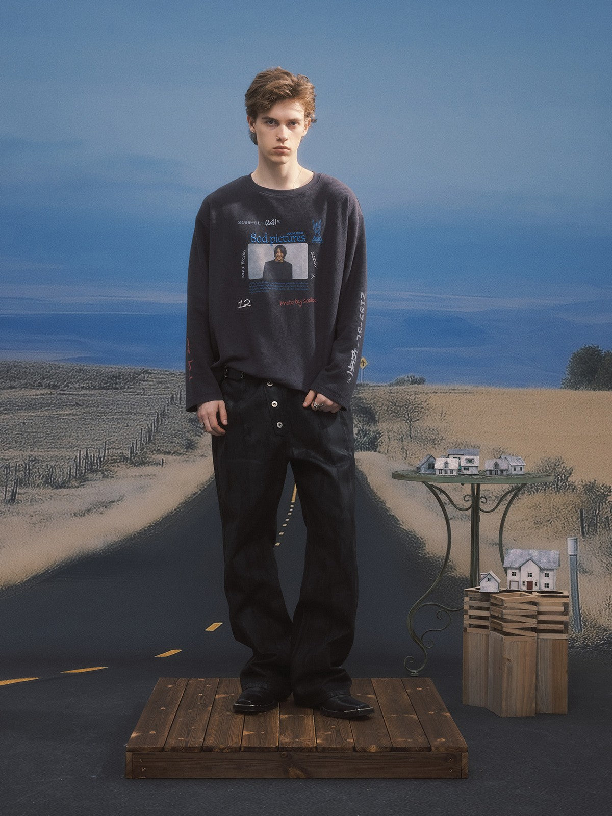 SOD Keanu Graphic Waffle Knit Top in Gray - On Male Model