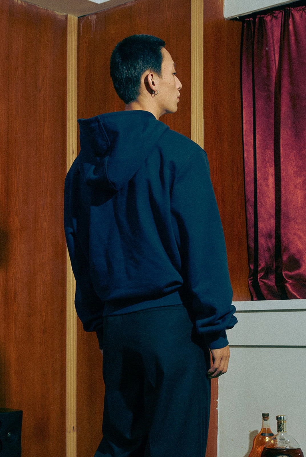SOD Embroidered Padded Shoulder Hoodie in Blue - On Male Model