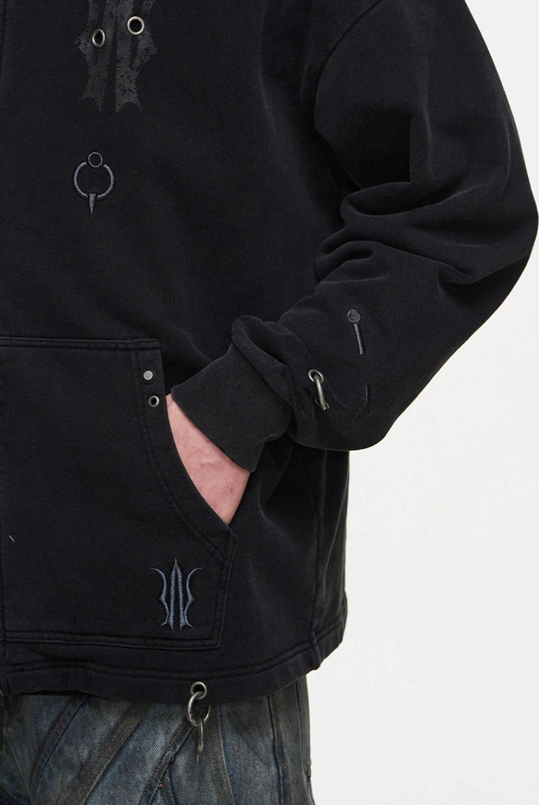 BLINDNOPLAN Washed Distressed Graphic Zip Hoodie in Black - On Male Model