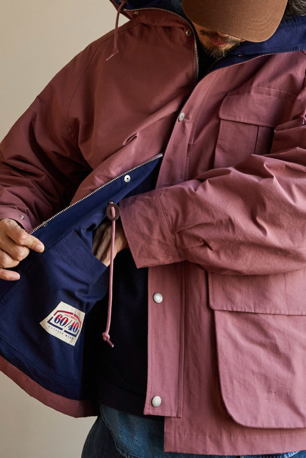 USAGE Cotton Nylon Hooded Mountain Parka in Pink - On Male Model