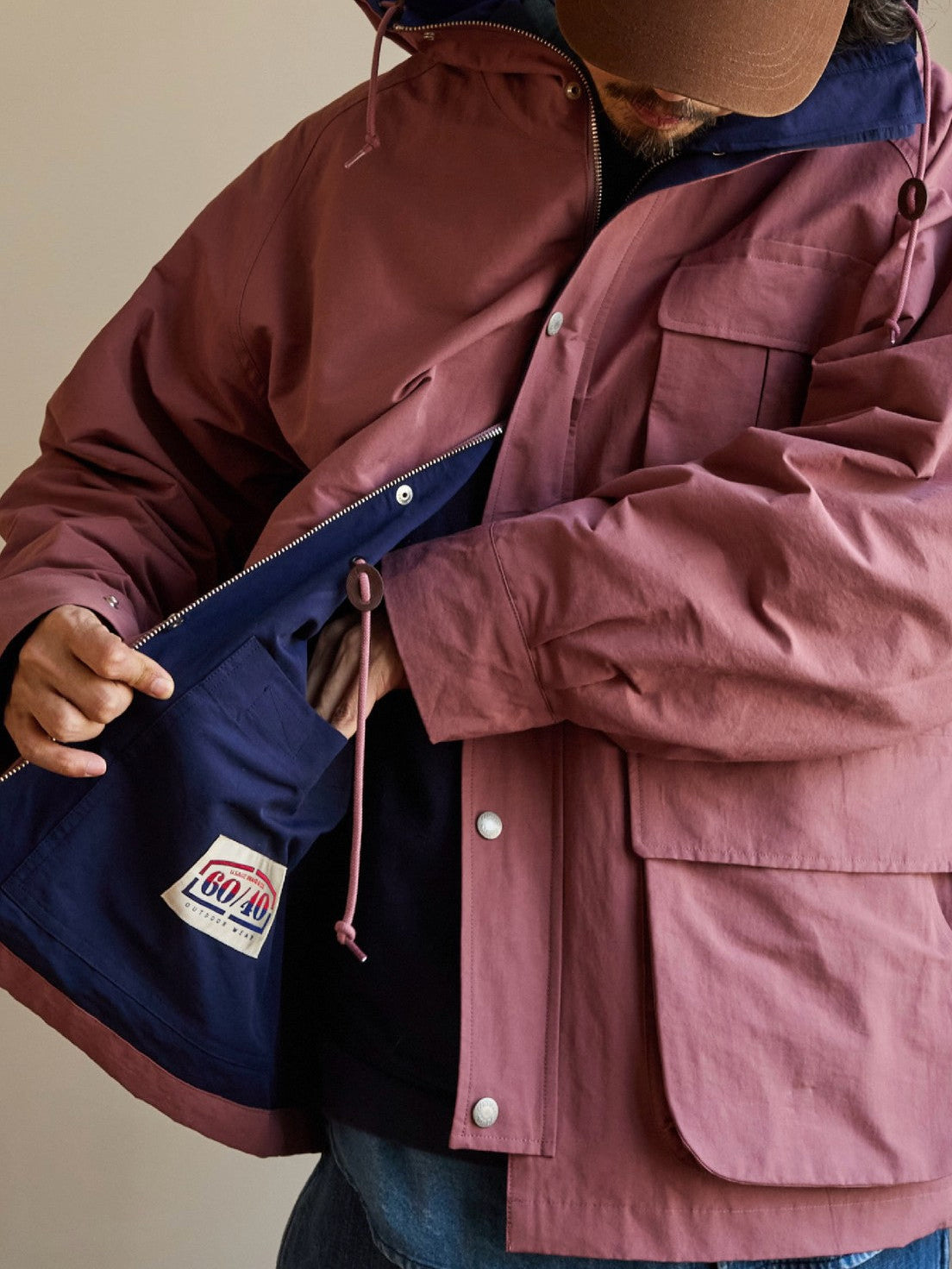 USAGE Cotton Nylon Hooded Mountain Parka in Pink - On Male Model