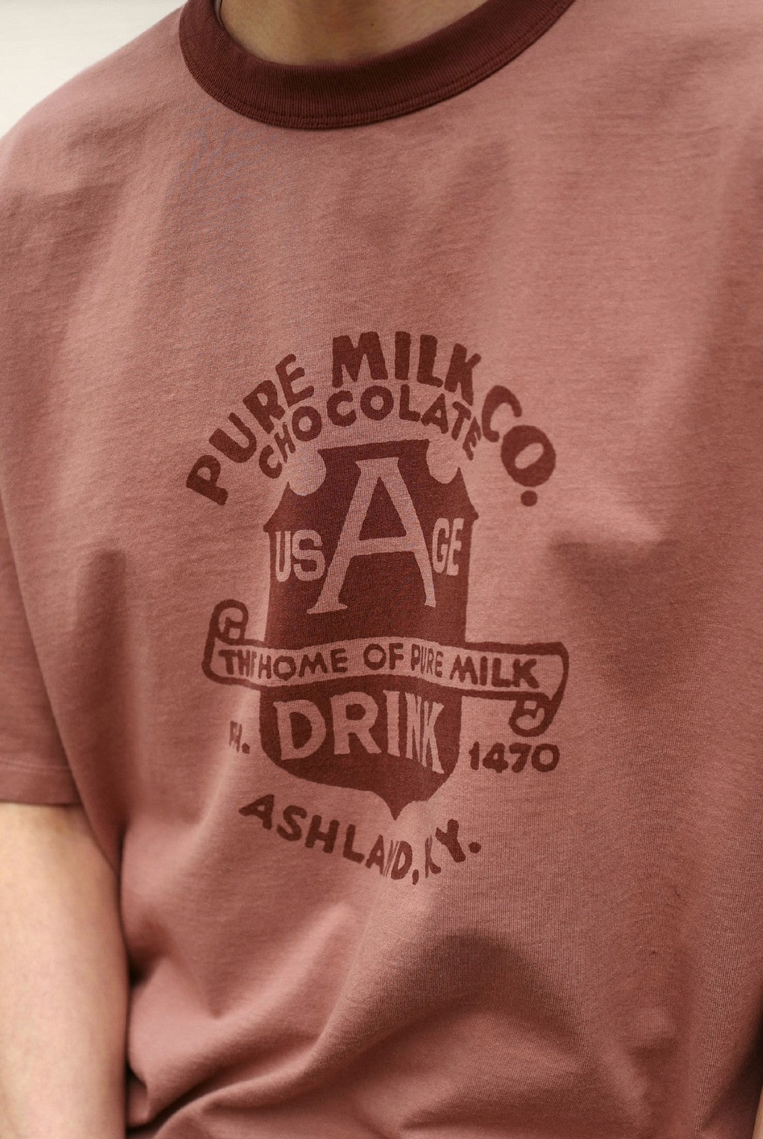 USAGE Graphic Cotton Ringer T Shirt in Pink - On Male Model