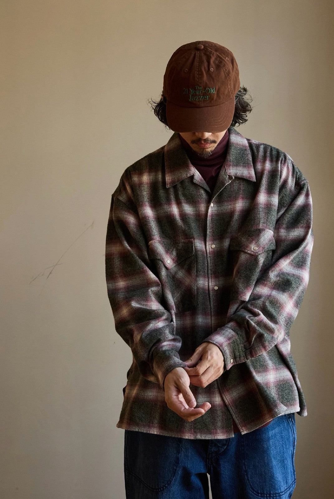 USAGE Brushed Plaid Western Shirt in Olive - On Male Model
