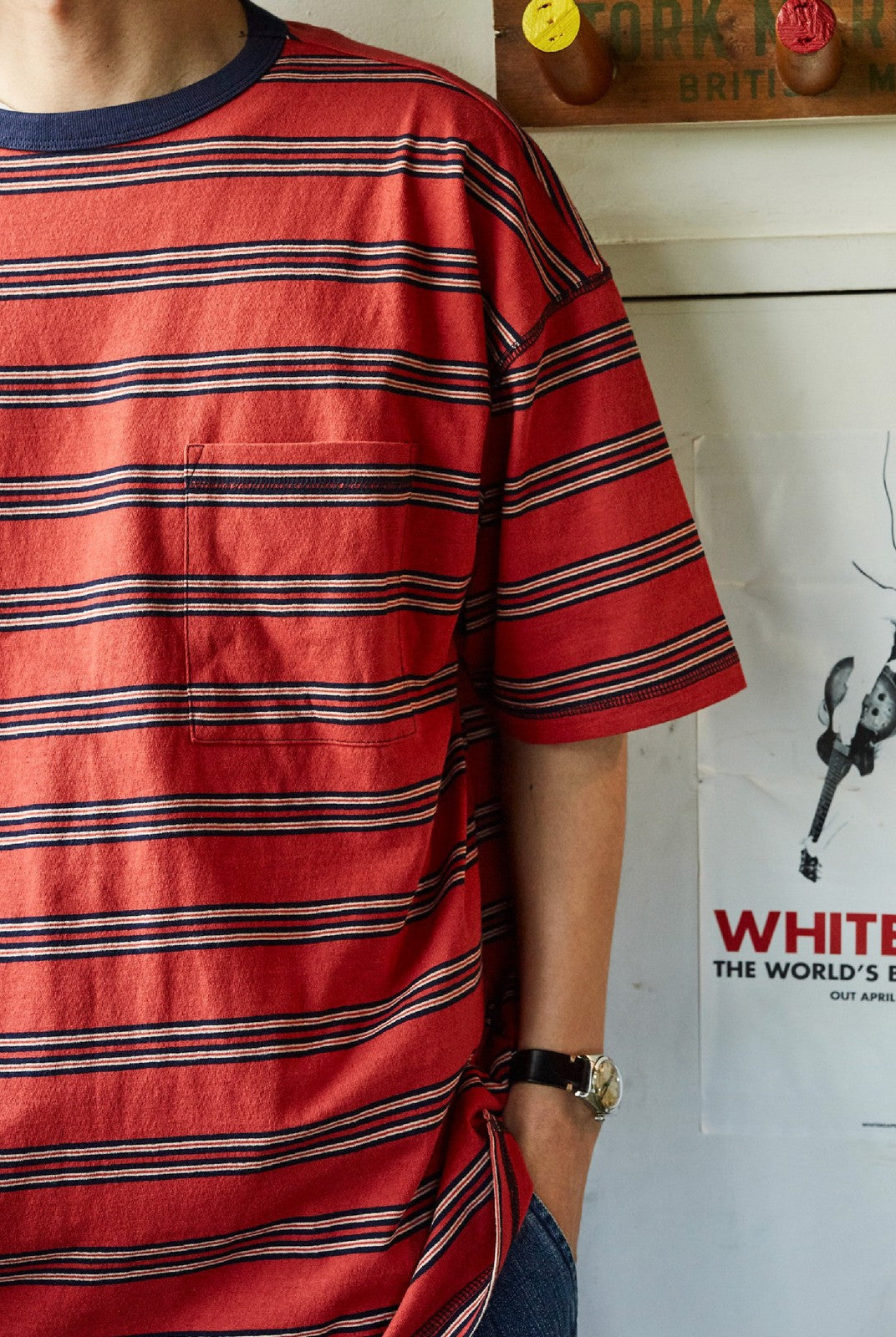 USAGE Retro Striped Cotton T Shirt in Red - On Male Model