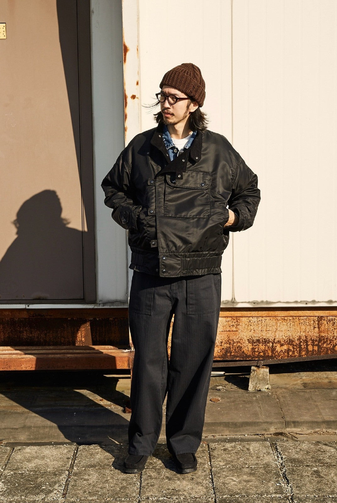 USAGE Heavyweight Herringbone Baker Pants in Navy Blue - On Male Model
