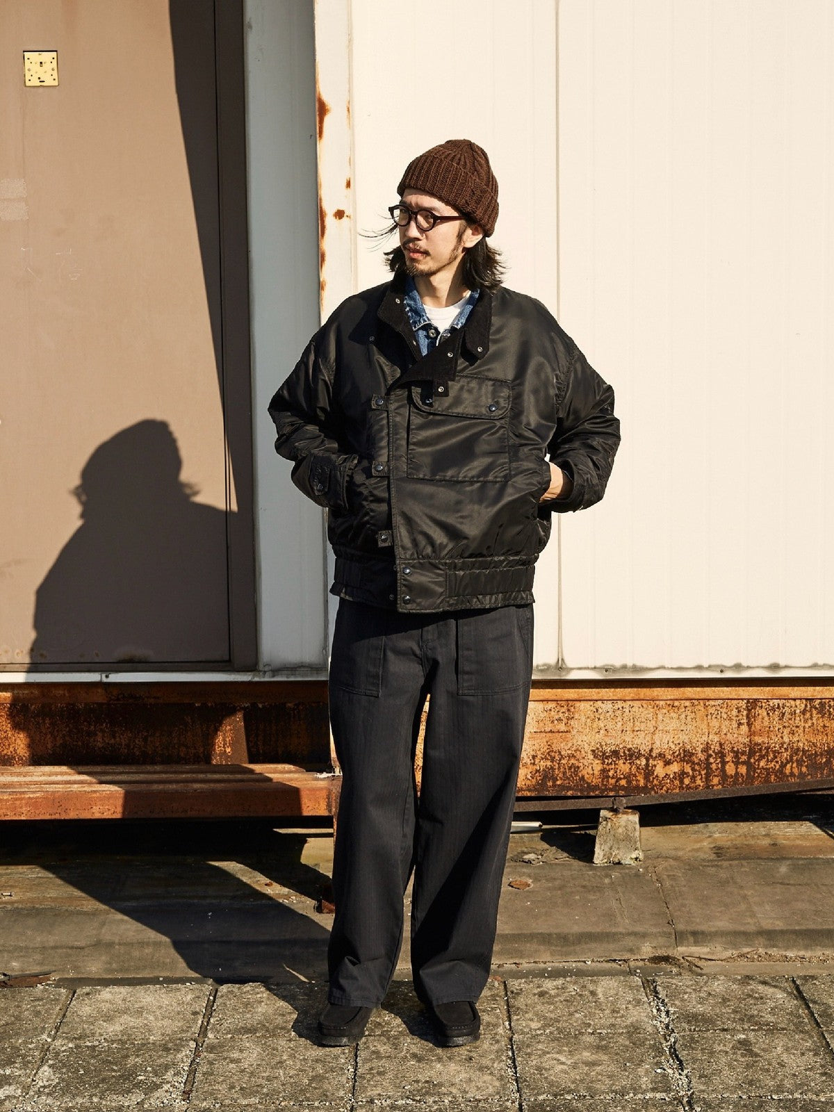 USAGE Heavyweight Herringbone Baker Pants in Navy Blue - On Male Model
