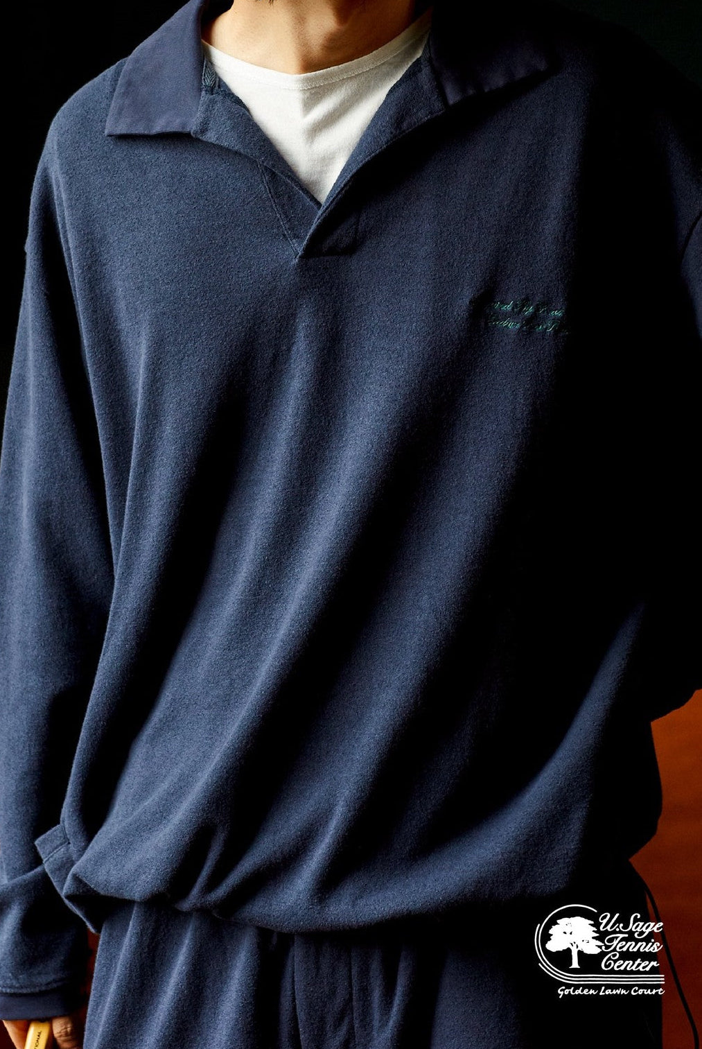 USAGE Oversized Textured Long Sleeve Polo in Navy Blue - On Male Model