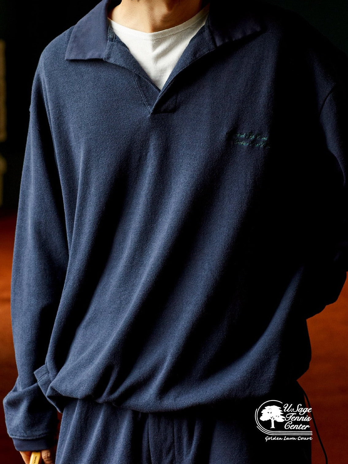 USAGE Oversized Textured Long Sleeve Polo in Navy Blue - On Male Model