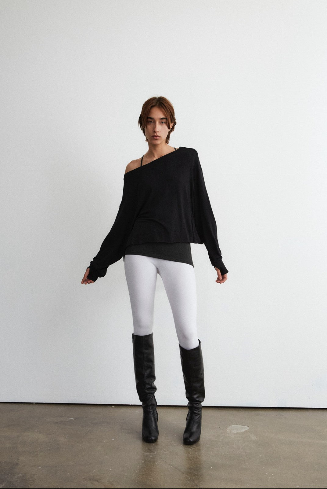 FaxCopyExpress Off Shoulder Overlay Sweatshirt in Black - On Female Model