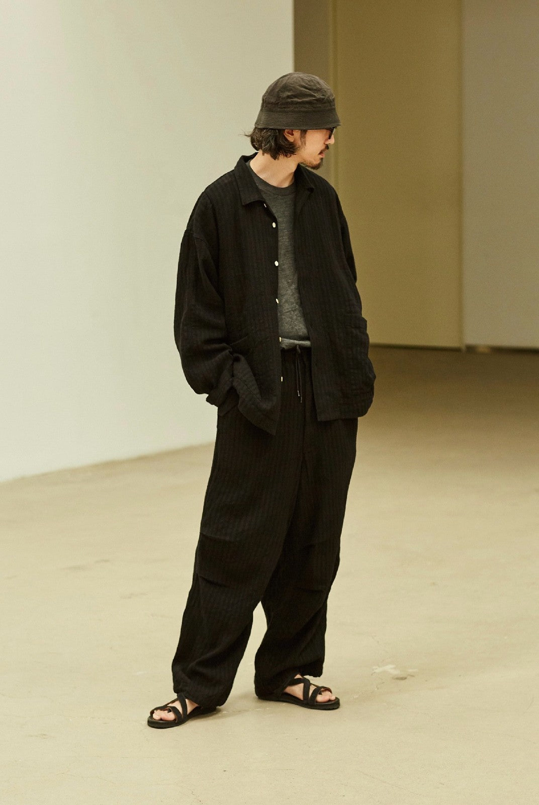 USAGE Textured Cotton Ramie Work Shirt in Black - On Male Model