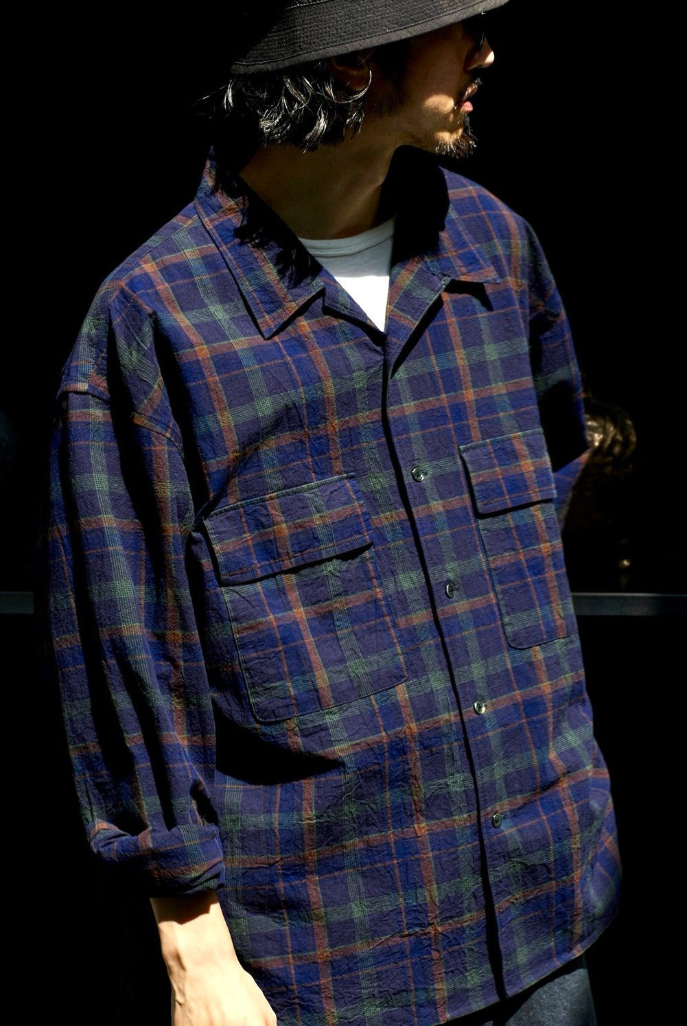 USAGE Washed Crinkle Plaid Open Collar Shirt in Navy Blue - On Male Model