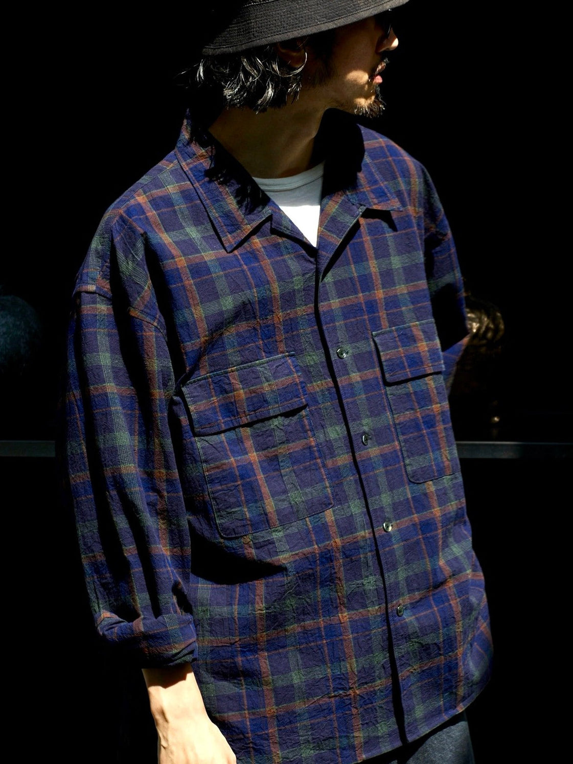 USAGE Washed Crinkle Plaid Open Collar Shirt in Navy Blue - On Male Model