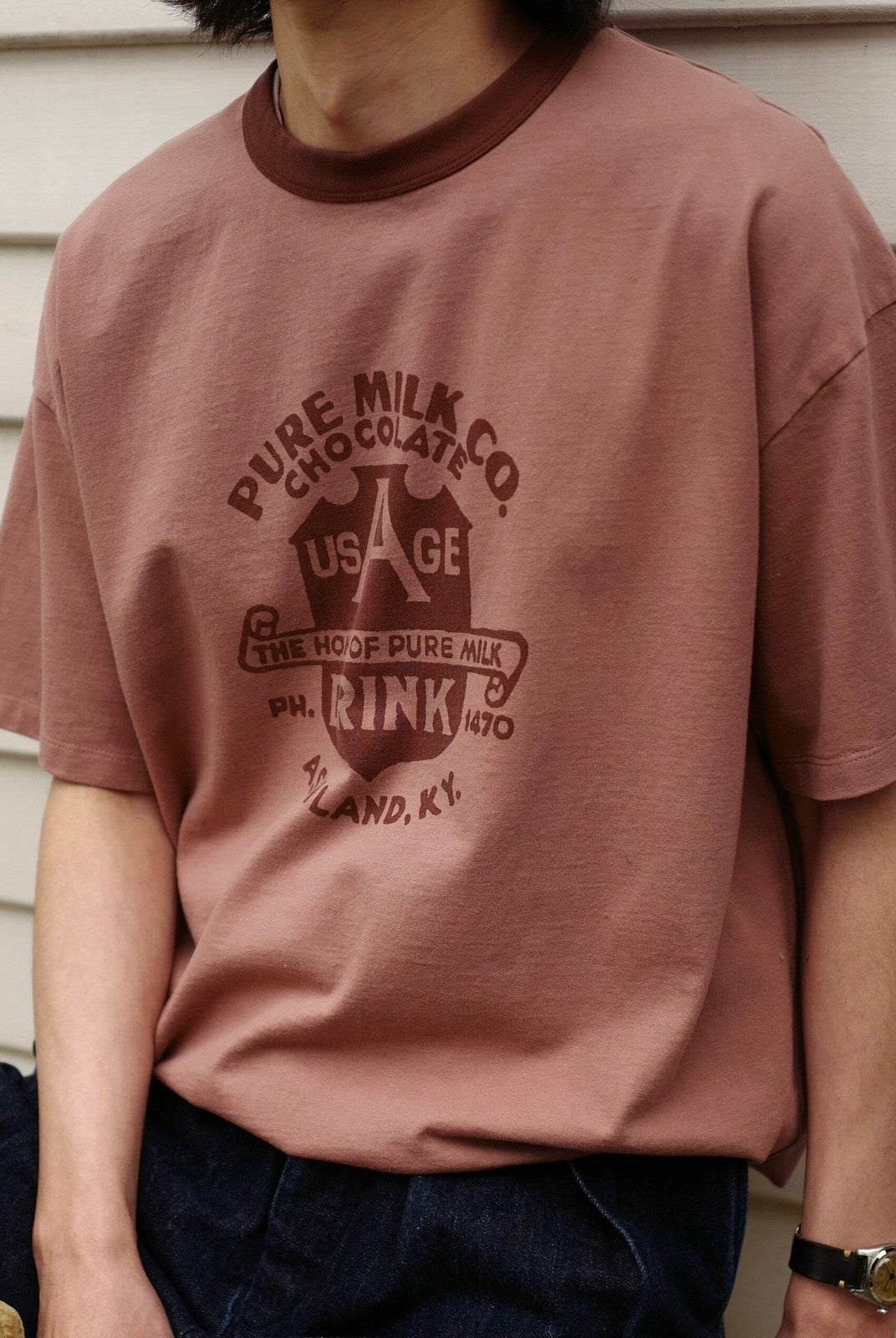 USAGE Graphic Cotton Ringer T Shirt in Pink - On Male Model