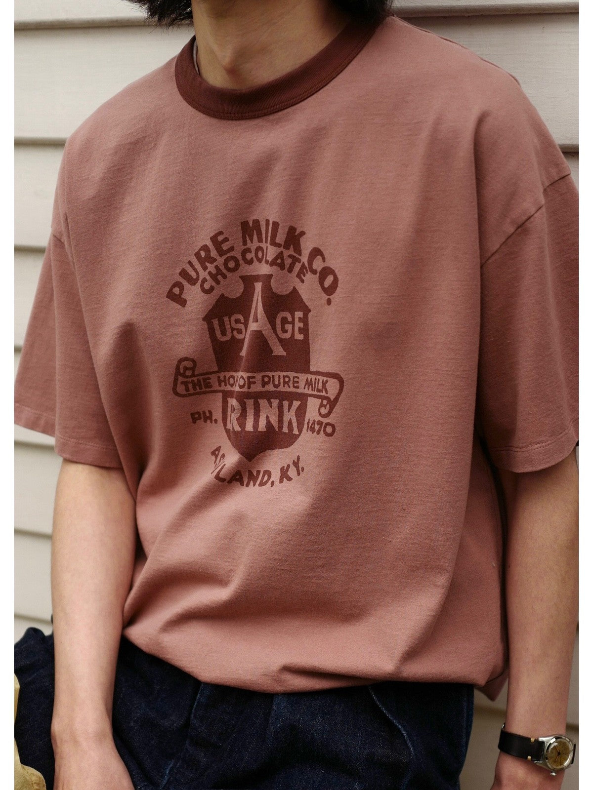 USAGE Graphic Cotton Ringer T Shirt in Pink - On Male Model